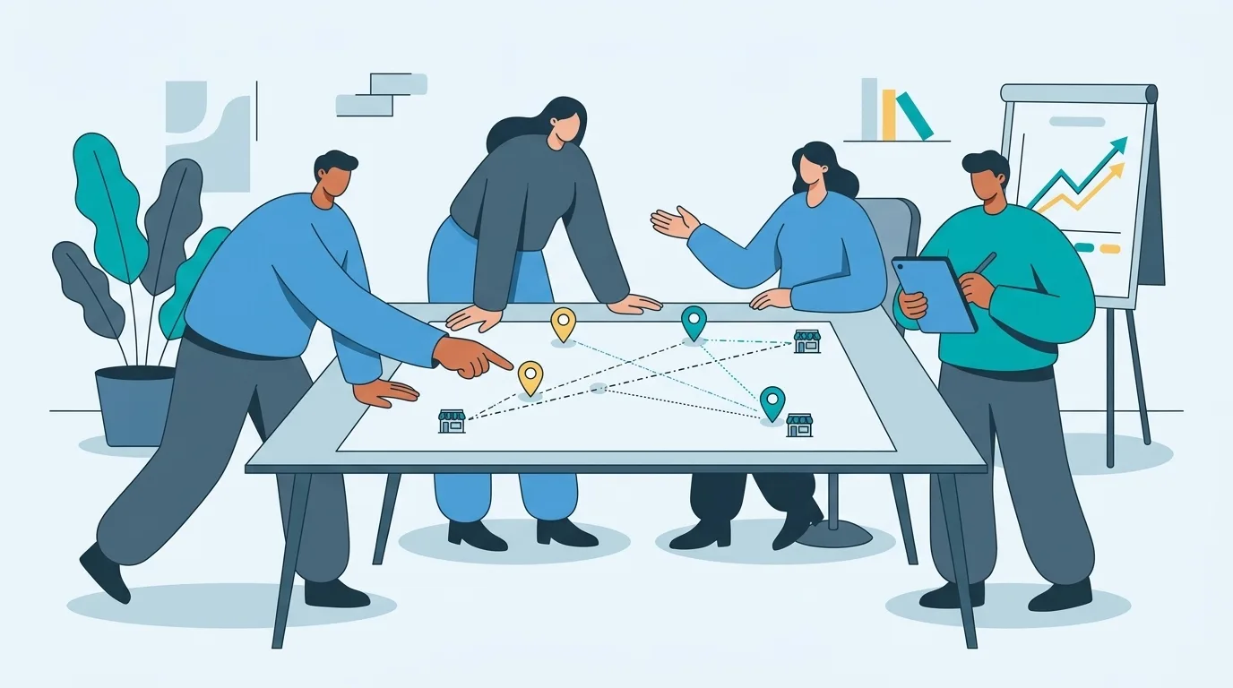 Un piccolo team attorno a un tavolo pianifica la strategia di vendita su una grande mappa con segnaposto collegati ai negozi, accanto una lavagna con un grafico in crescita